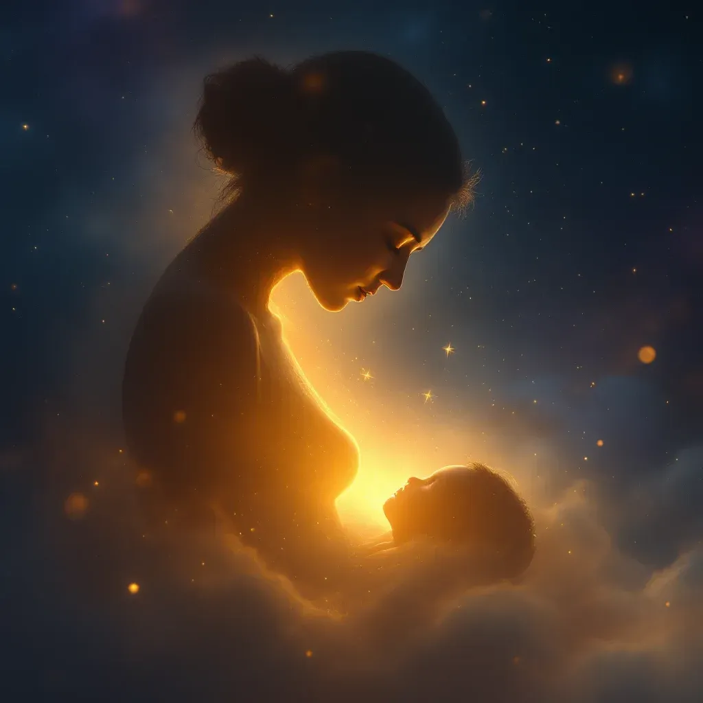 Amamantar a un bebé amarillo — Imagen cósmica pequeña que representa la variante de amamantar a un bebé amarillo del símbolo Amamantar a un bebé en sueños según Ihya.