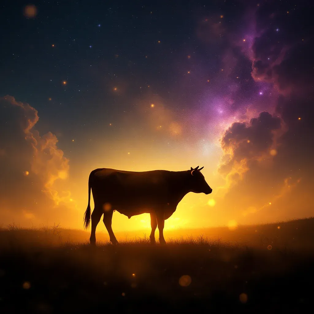Vaca Amarilla — imagen cósmica en miniatura que representa la variante de vaca amarilla del símbolo Ver una vaca en sueños según Diyanet.