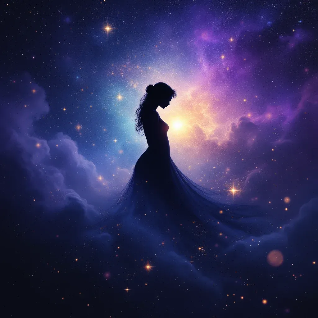 Die Mutter in Schwarz sehen — kosmisches Mini-Bild, das die Variante „Die Mutter in Schwarz sehen“ des Symbols „Im Traum mit der Mutter sprechen“ darstellt.